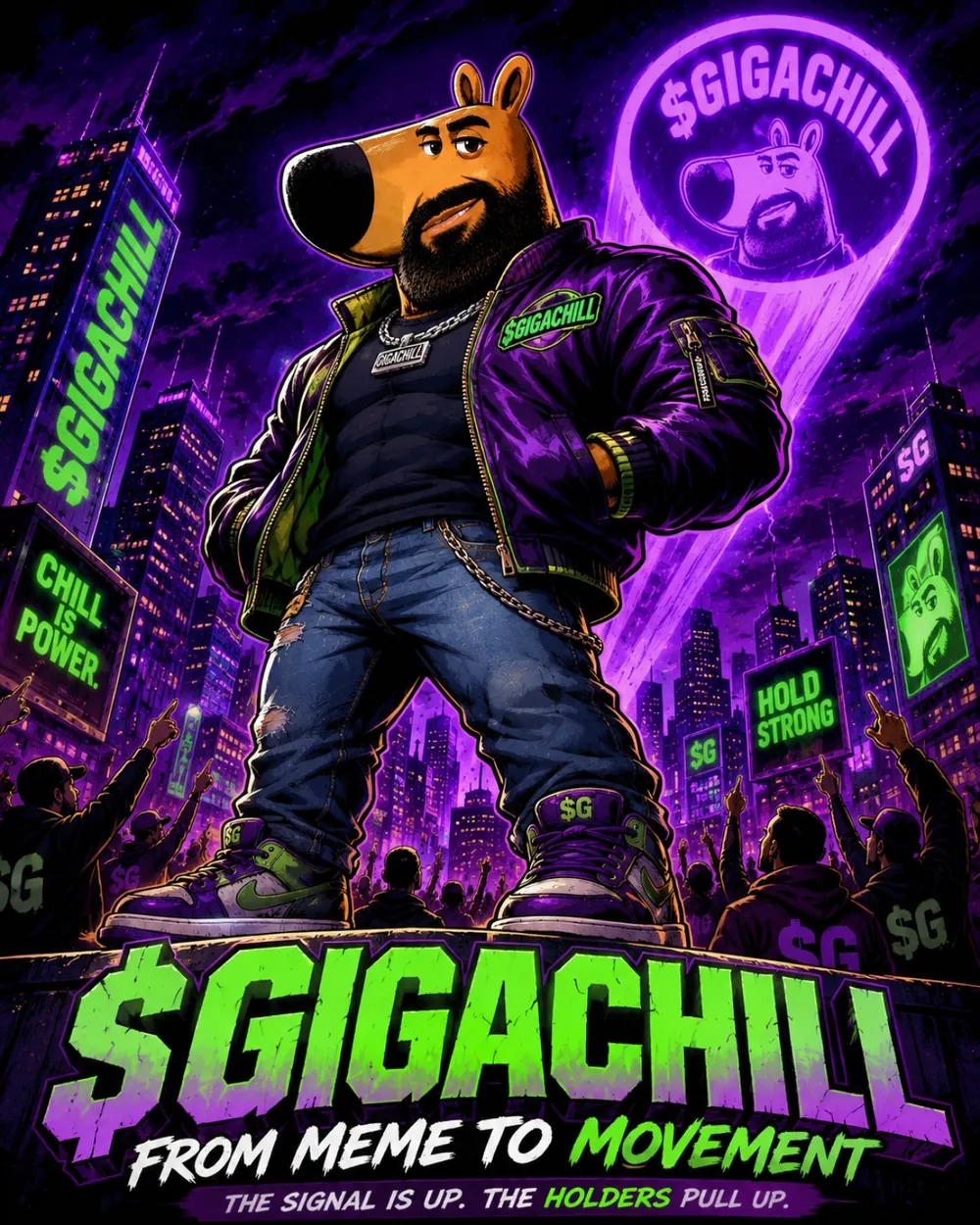 Original GIGACHILL illustrated character in neon campaign art