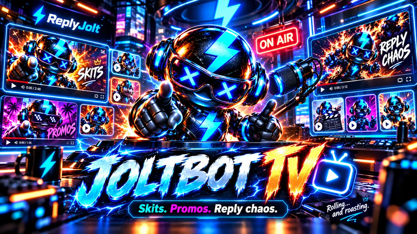 JoltBot's futuristic neon-lit TV studio, with electric-blue and orange lights